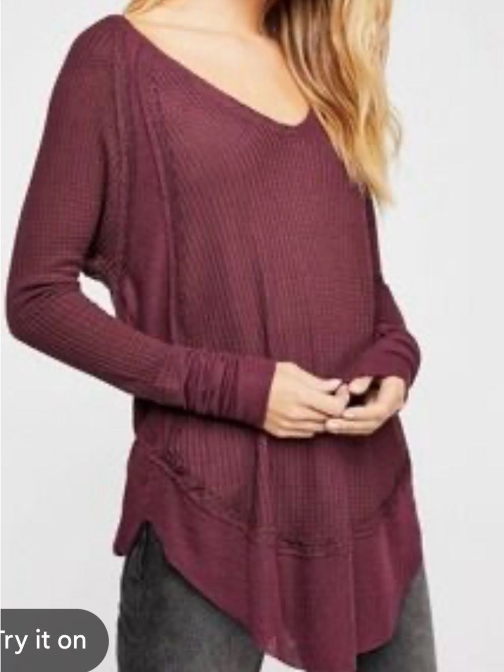 We The Free Free People waffle Knit Long Sleeve Scoop Neck Top - Wine